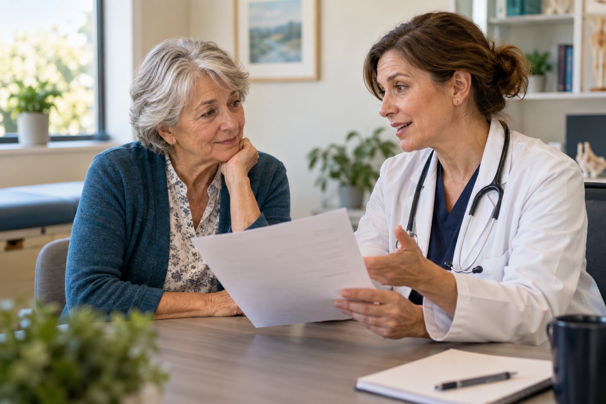 Illustrative scene of a patient discussing medicines with a clinician