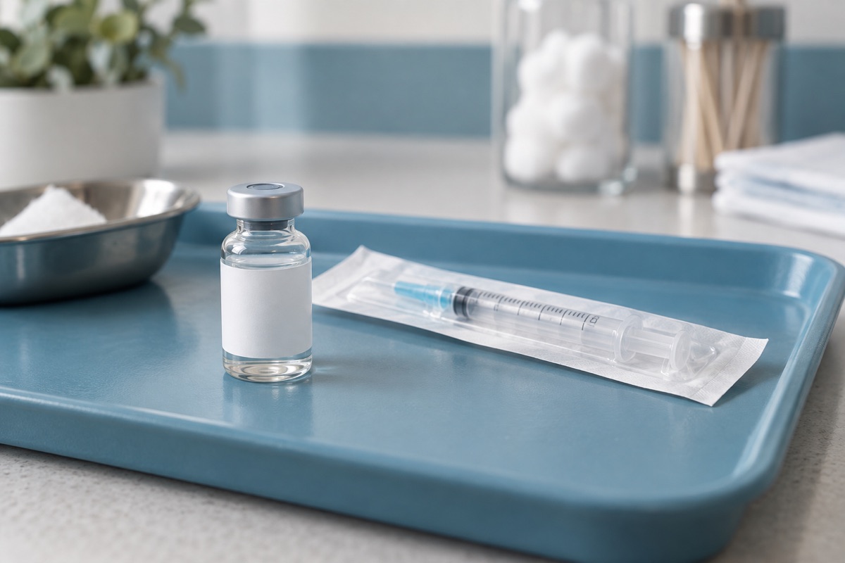 Illustrative medication vial and packaged syringe on a clinical tray