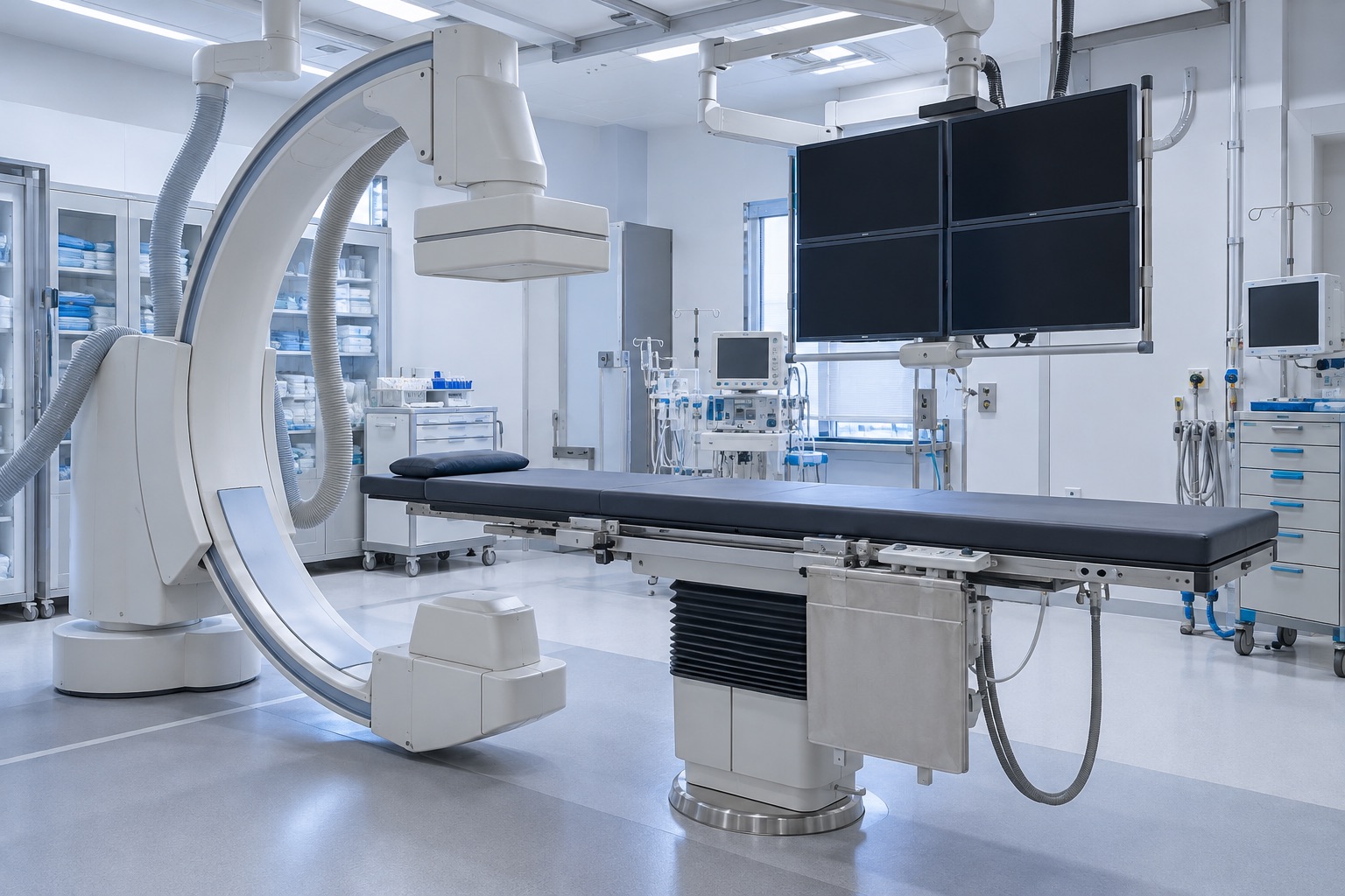 Illustrative angiography room with a C-arm and empty procedure table