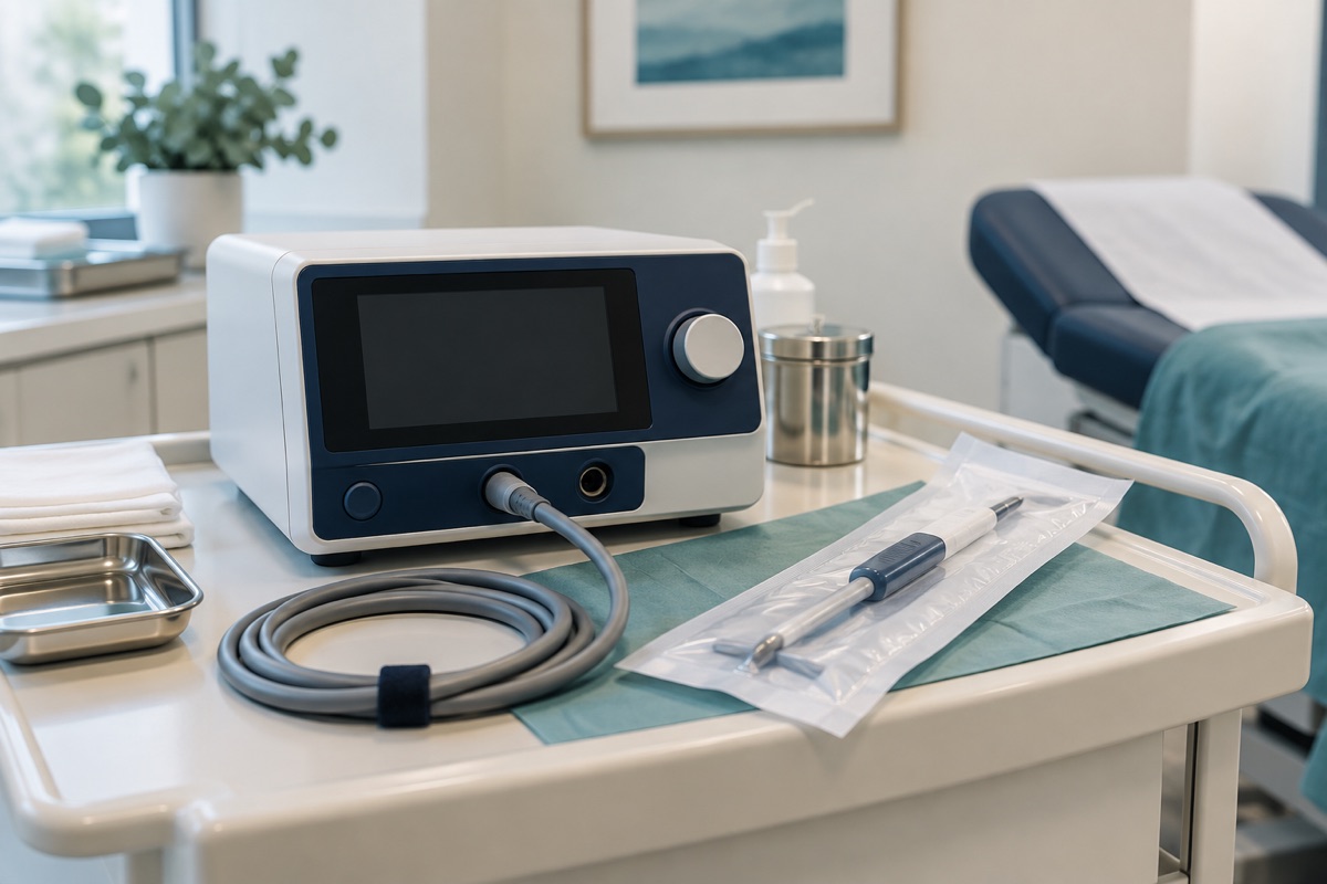 Illustrative radiofrequency equipment and packaged probe on a procedure cart