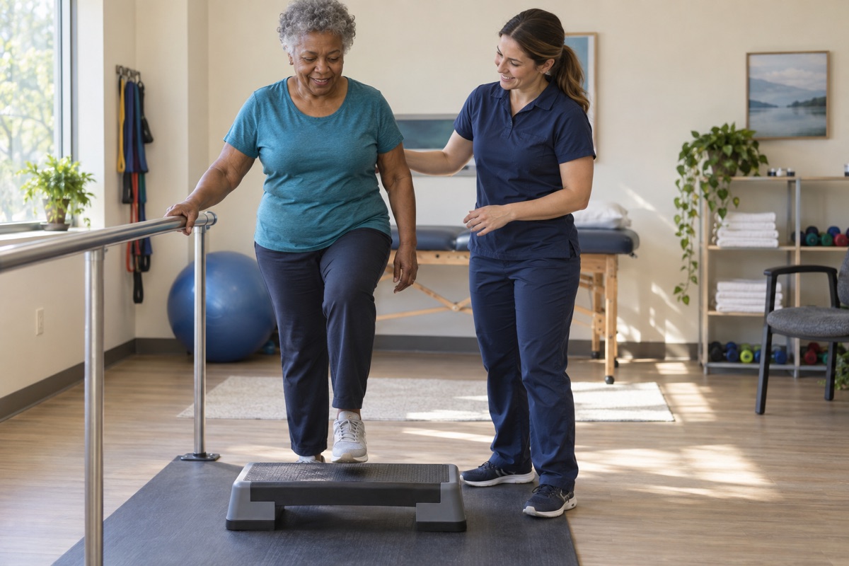 Illustrative scene of an adult practicing a supported step with a physical therapist