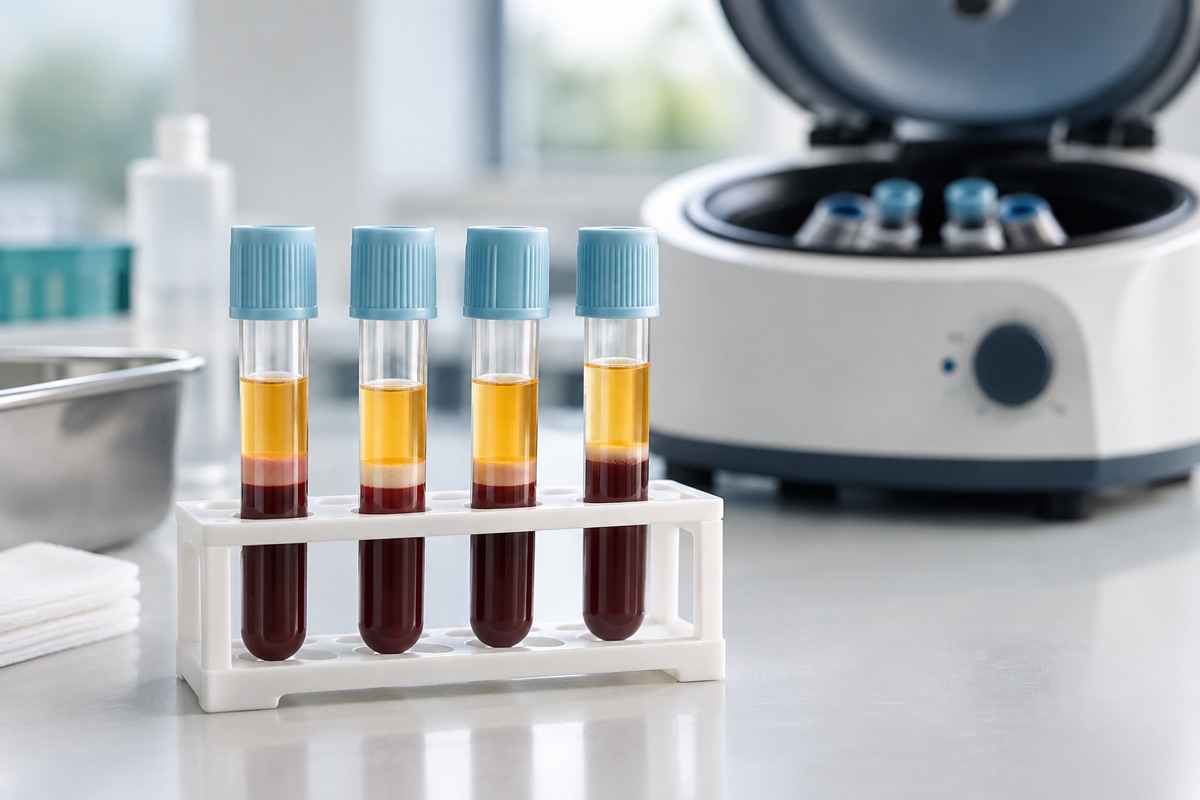 Illustrative PRP preparation with sealed sample tubes and a laboratory centrifuge